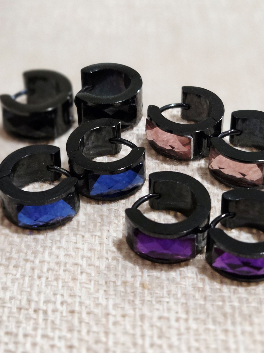 Black Huggies Earrings with Colored Faceted Inlay - Blue, Pink, Purple